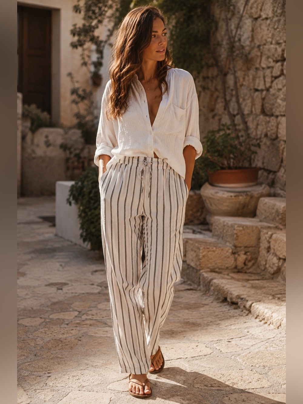 For Cynthia Linen Blend Striped Drawstring Pants Coastal Boho XL - Picture 1 of 7